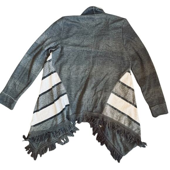 Anthropologie Saturday Sunday Sz L Gray White Stripe Fringe Cardigan Elsie Boho - Picture 8 of 12